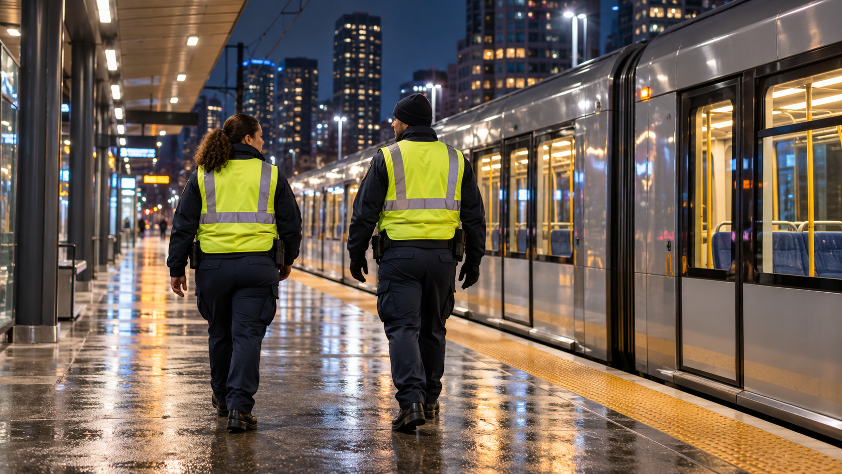 AI illustration of two transit security personnel in high-visibility vests patrolling a station platform beside a train at night.