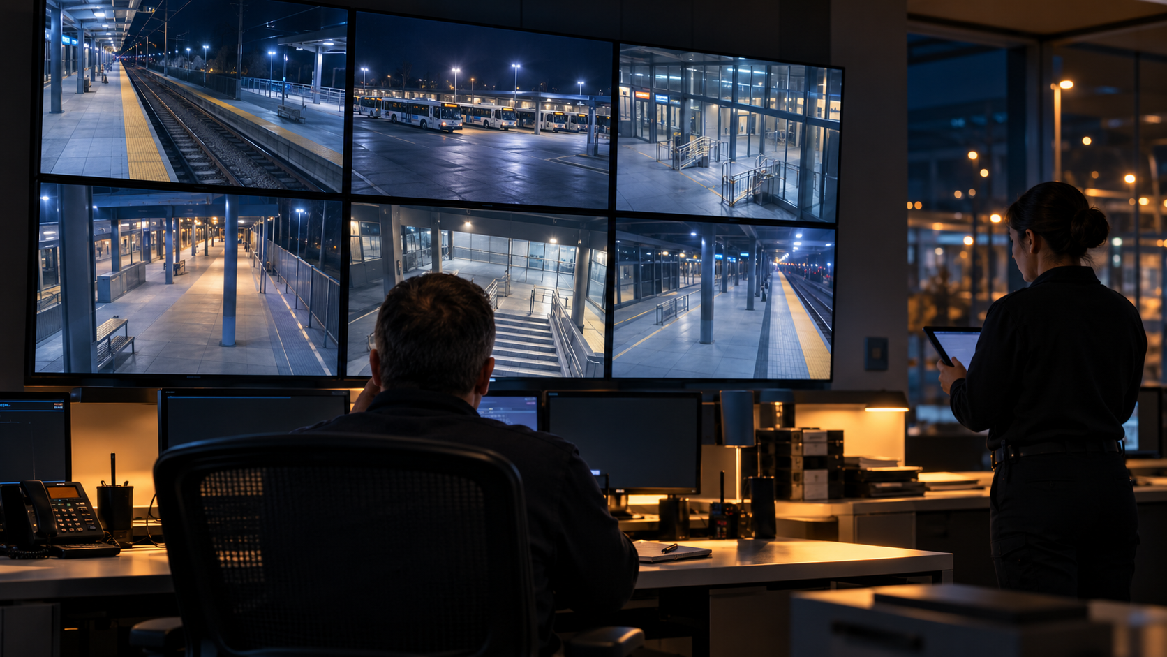 AI illustration of two transit security staff reviewing surveillance screens showing station platforms, a bus depot and entrances.
