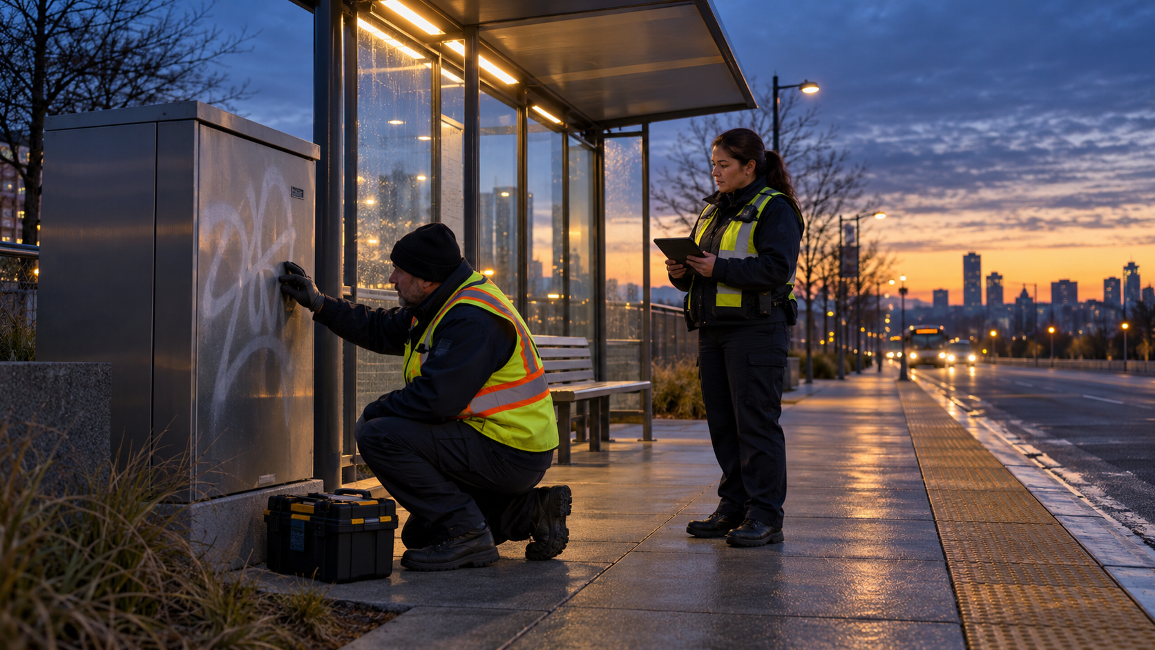 AI illustration of a maintenance worker inspecting graffiti on a transit shelter panel while a security officer documents the damage on a tablet at dawn.