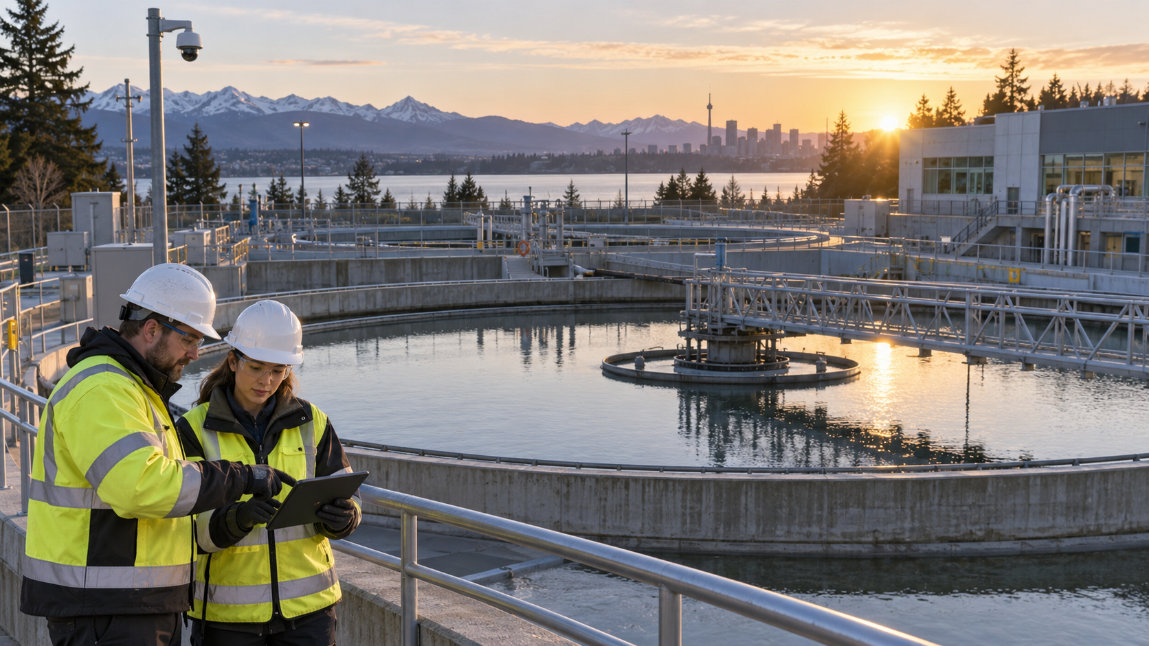 Two infrastructure workers reviewing operations at a Canadian water treatment facility with surveillance equipment overlooking the site.