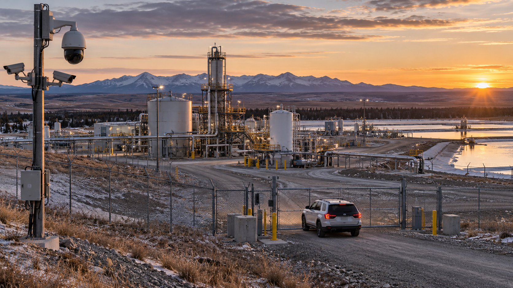 Surveillance cameras, perimeter fencing and a security vehicle protecting a remote industrial processing facility in Alberta.