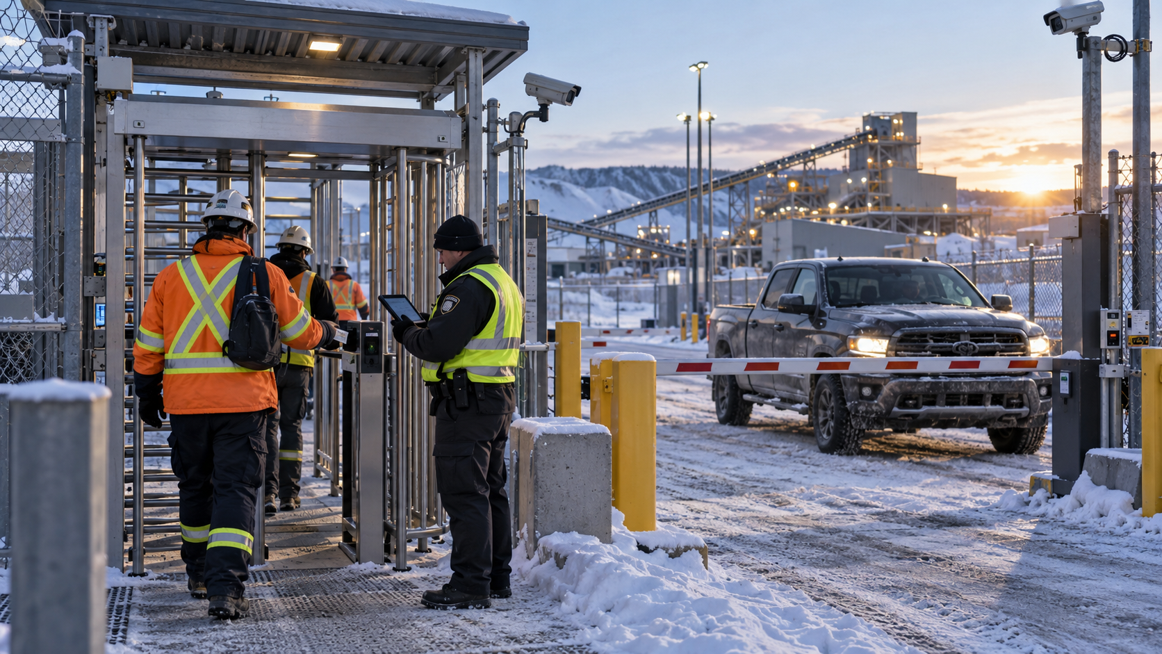 Security officer checking worker credentials at a controlled mine entrance in Alberta, with turnstiles, surveillance cameras, perimeter fencing and a vehicle access gate