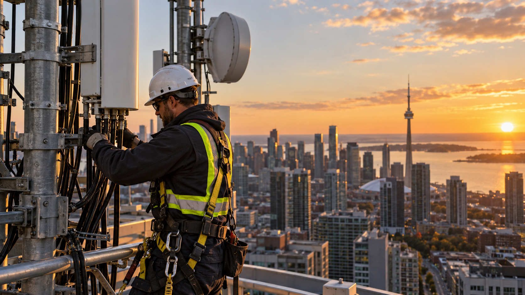 Telecommunications technician servicing rooftop communications equipment overlooking Toronto at sunset.