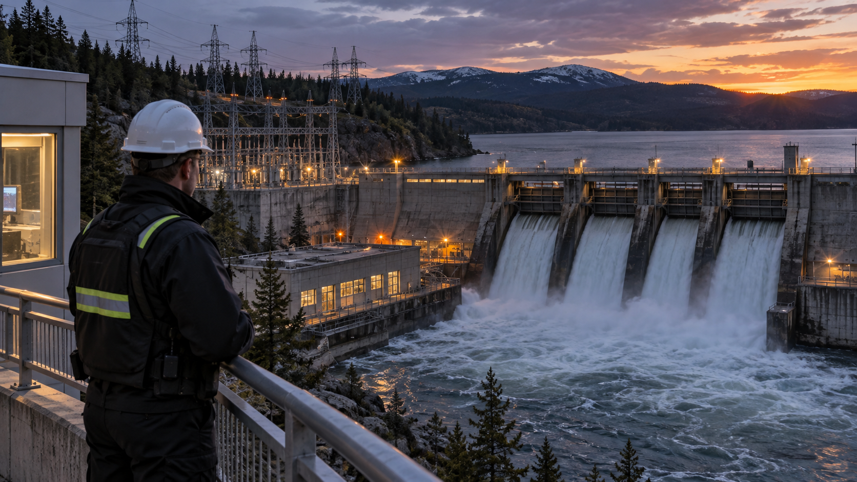 Security professional overlooking a Canadian hydroelectric dam, electrical infrastructure and water-control systems at dusk.