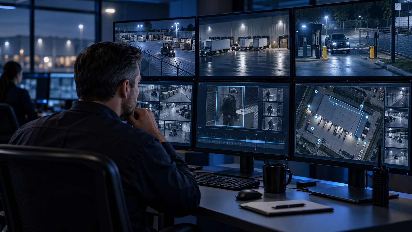 Security operator monitors nighttime warehouse loading docks and access points on CCTV screens.
