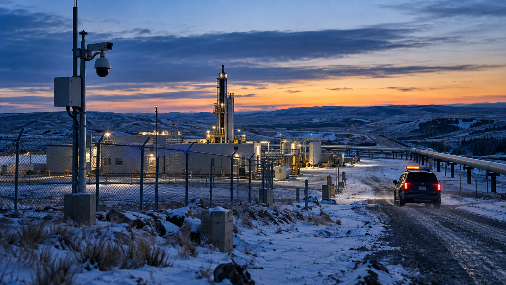 Security vehicle approaching a remote Alberta industrial site at dusk, with surveillance cameras, perimeter fencing, pipelines and illuminated processing facilities.