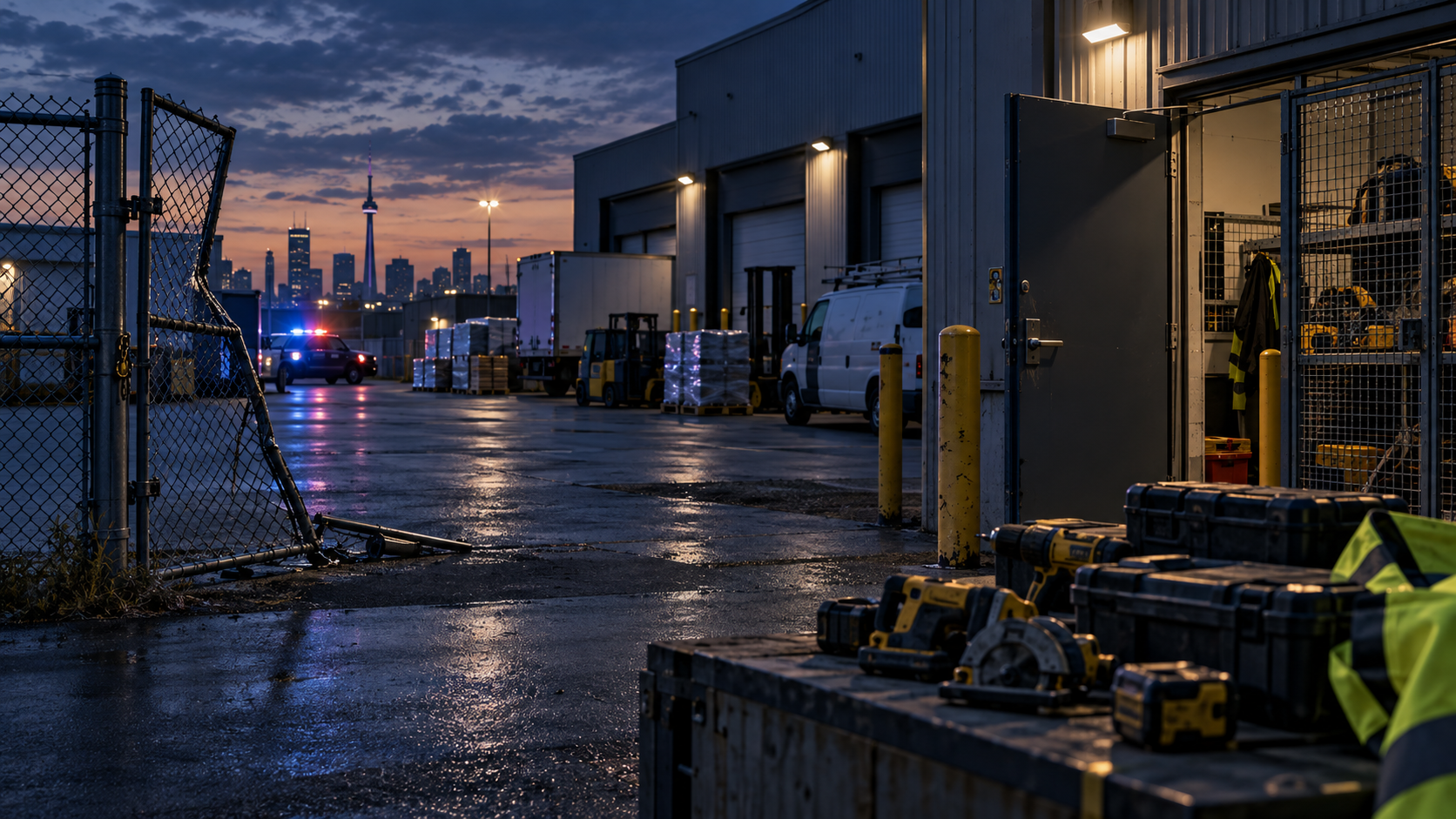 Illustrated industrial yard at dusk with an open chain-link gate, warehouse bays, equipment, and a police vehicle in the distance.